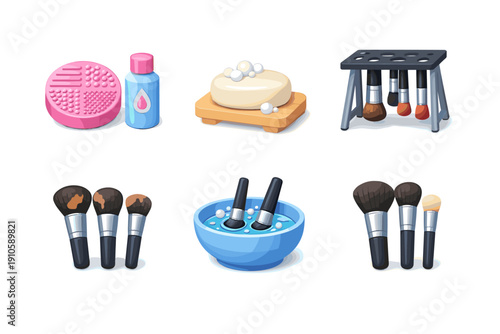 Collection of makeup brushes and cleaning supplies for hygiene and maintenance