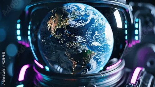 A close-up of a futuristic astronaut's helmet, reflecting a vibrant image of Earth