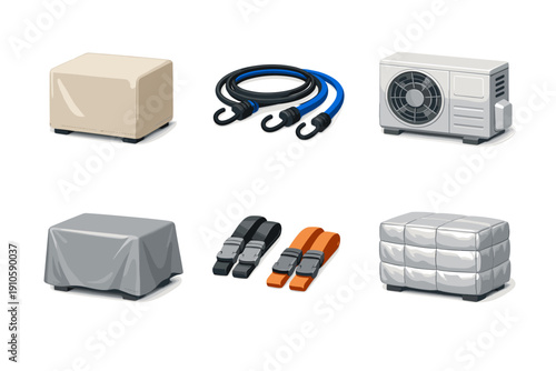 Collection of outdoor furniture covers, straps, and an air conditioner unit