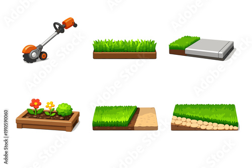 Collection of garden elements and tools for landscaping and outdoor design
