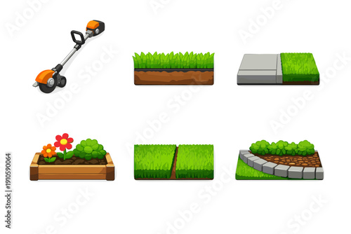 Gardening and landscaping elements including a trimmer, grass, path, and flower bed