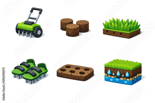 Gardening tools and lawn care elements for healthy green grass maintenance