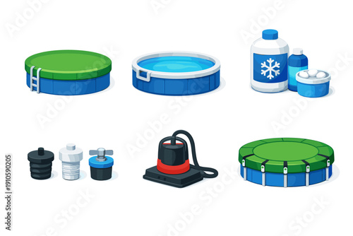 Collection of inflatable pool accessories and maintenance items for summer fun