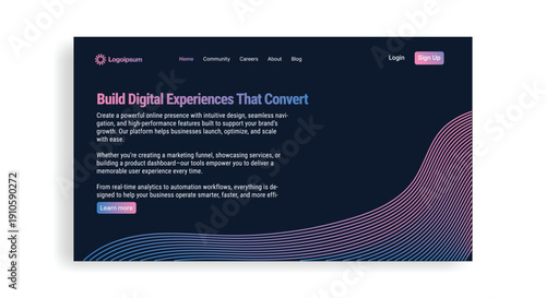 Webpage Design: A modern webpage design concept, a sleek digital interface, the design uses a minimalist style with clear information architecture.