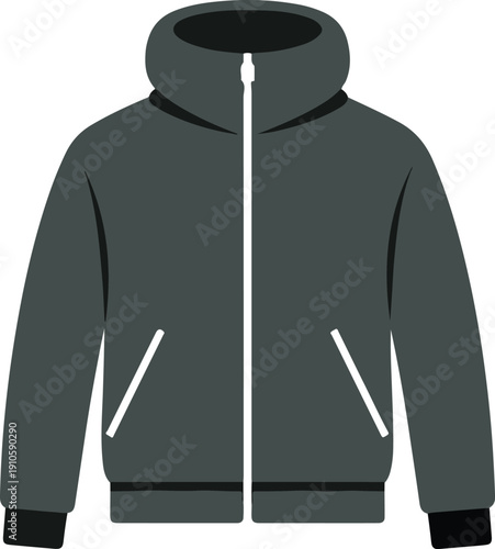 A flat design vector illustration of a dark grey hooded jacket with a zipper and pockets isolated on transparent background