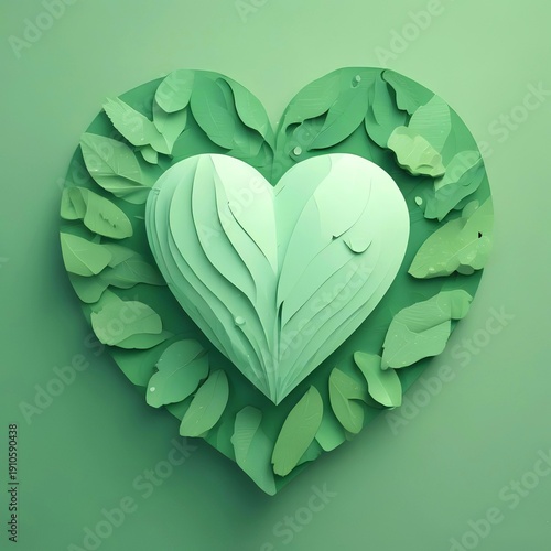 Wallpaper Mural Paper cut style green heart with leaf texture, layered paper art effect, eco concept Torontodigital.ca
