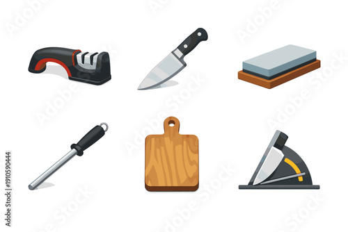 Collection of kitchen tools for sharpening and preparing food
