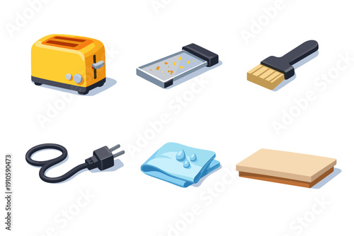 Set of kitchen appliances and cleaning tools in isometric 3D style