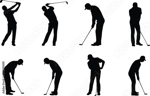 Black golfer silhouette icon set showing swing and putting poses isolated on white background for sports, fitness, and design projects templates