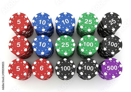 A variety of casino chips displayed in a grid pattern