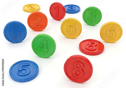 A colorful assortment of numbered buttons scattered on a white background