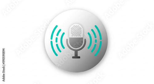 Microphone icon with sound waves on gray background symbolizing podcasting voice recording and audio broadcasting