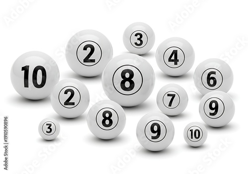 A collection of numbered billiard balls arranged in a scattered pattern