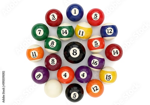 A colorful array of billiard balls arranged in a triangular formation on a white background