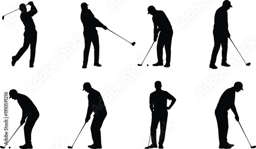 Black golfer silhouette icon set showing swing, driving, and putting poses isolated on white background for sports, fitness, and graphic design templates