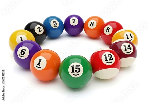 A colorful array of billiard balls arranged in a circular pattern on a white background