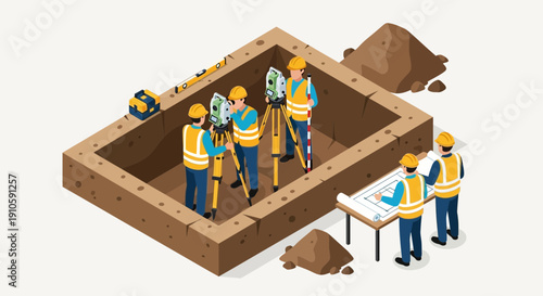 Isometric Land Surveying and Foundation Construction Crew