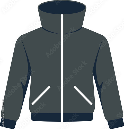 A flat illustration of a dark gray zipup jacket with a high collar and pockets isolated on transparent background