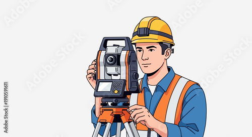 Construction Surveyor Using Total Station Illustration