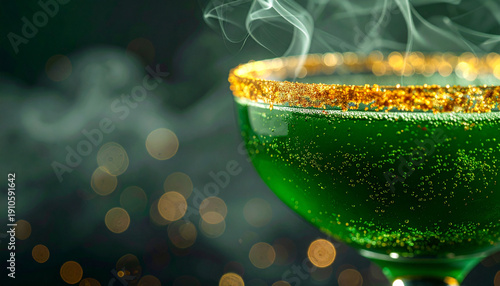 Green cocktail coupe glass gold rim macro detail, sparkling bubbles, festive mood, smoky background, elegant party drink, luxurious celebration, close up