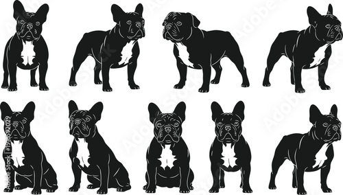 Bulldog silhouette illustration set, nine black icons varied postures facial expressions muscular build breed design, vector artwork, animal and pet theme, isolated background