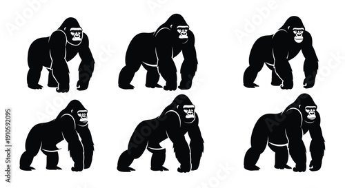 Gorilla Silhouette Various Poses Black Illustration.