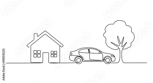 Continuous Line Drawing of House Car and Tree Minimalist Concept