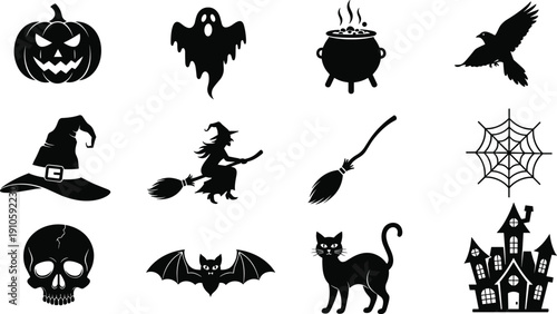 Halloween icon silhouette illustration set, twelve black designs pumpkin ghost witch bat skull cat haunted house cauldron spider web design, vector artwork, seasonal theme, isolated background