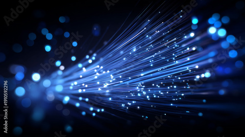Fibre optic cables transmitting internet data using light through glass fibres, high speed broadband networking infrastructure for homes, businesses, and data centres, technology stock illustration