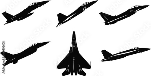 Fighter jet silhouette illustration set, six black icons side top views aircraft military aviation design, vector artwork, defense and aerospace theme, isolated background
