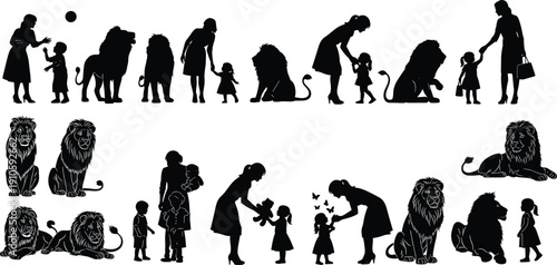 Woman children lion silhouette illustration set, harmony trust companionship playful gestures family wildlife design, vector artwork, identity and symbolic theme, isolated background