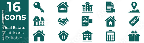 Collection of flat real estate icons representing buying, selling, and renting properties