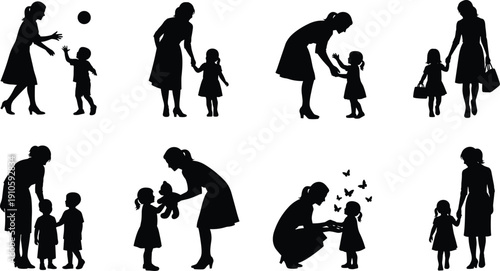Woman children silhouette illustration set, eight black icons nurturing caregiving playful gestures parenting education interaction design, vector artwork, family and lifestyle theme, isolated backgro