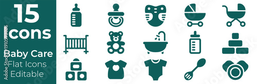 Collection of 15 flat icons representing essential baby care items for modern parents.