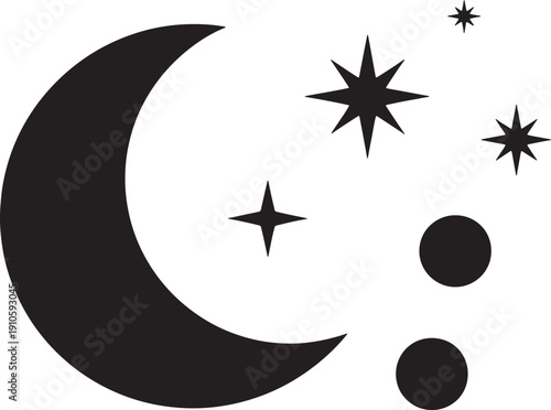 Crescent moon and stars in the night sky illustration