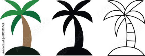 Palm Tree on Island Icon Set – Tropical Beach Tree Vector