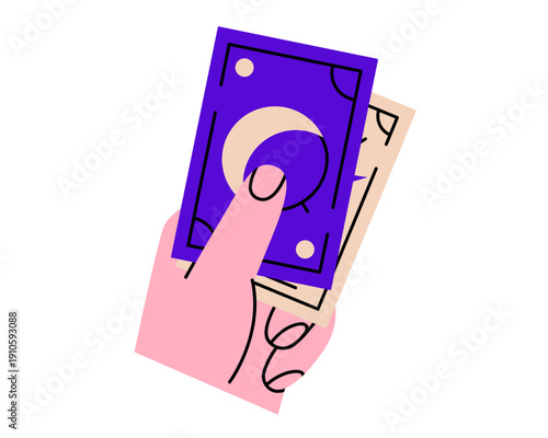 Hand drawn cute illustration of hand holding two tarot cards. Flat vector future prediction doodle. Magic deck in human arm. Fortune telling oracle icon or sticker. Occultism or witchcraft. Isolated.