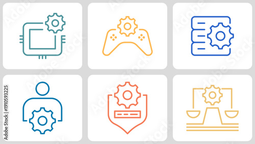 Technology Settings Icon Set for Game Server Hardware and Security