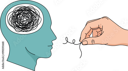 Unraveling thoughts with hand pulling out tangled thread from head