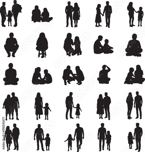Collection of various people and family silhouettes in different poses and interactions on white background