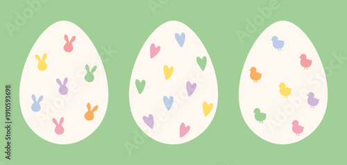 Easter Eggs with Bunny, Heart, and Chick Patterns. Vector illustration