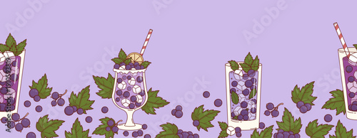 Refreshing  Drink with Blackcurrant Seamless Border. Ribbon with Summer Cocktail with Berries, Ice Cubes, Mint and Citrus on Purple Background. Vector Horizontal Illustration