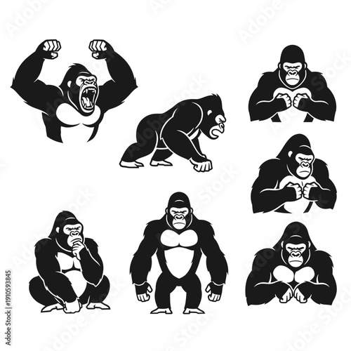 Gorilla Silhouettes Showing Various Facial Expressions.
