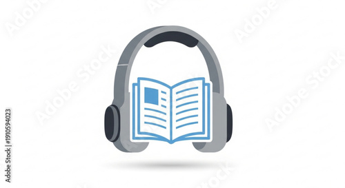 Gray headphones with an open book on a white background symbolizing e learning and audio education
