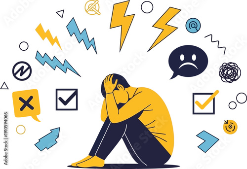 Stressed person surrounded by negative emotions and conflicting thoughts