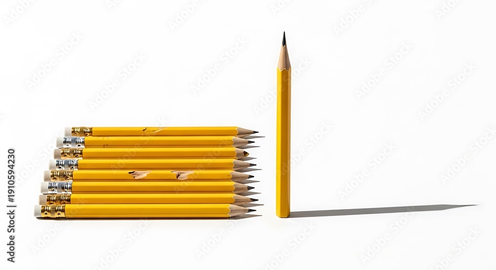 Fototapeta premium Stacked Yellow Pencils With One Standing Tall Against White Background stationery writing