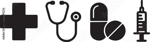 Medical icons set cross stethoscope pills and syringe healthcare vector illustration