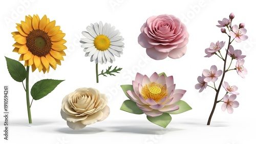 Collection of various beautiful spring and summer flowers isolated on white background