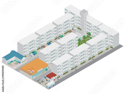 広大な敷地に並ぶマンモス団地の全景アイソメトリックイラスト 街並み背景