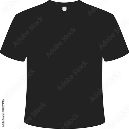 A plain black shortsleeved tshirt with a small tag at the neckline isolated on transparent background